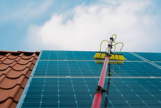 Solar panel cleaning with water-fed pole